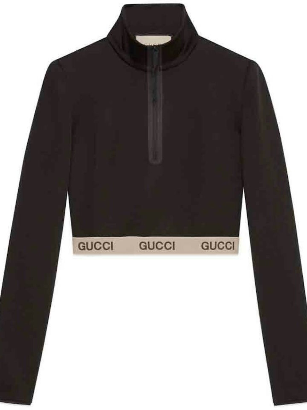 Gucci Black Cropped Long-Sleeve Zip Top with Cream Branded Hem